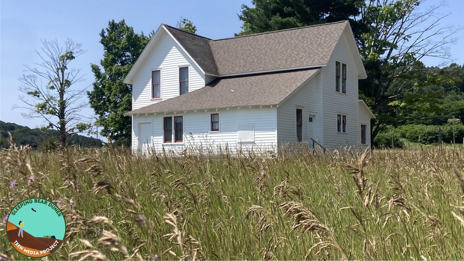 A white gabled farmhouse sitting in the sunlight amongst seeding grass.