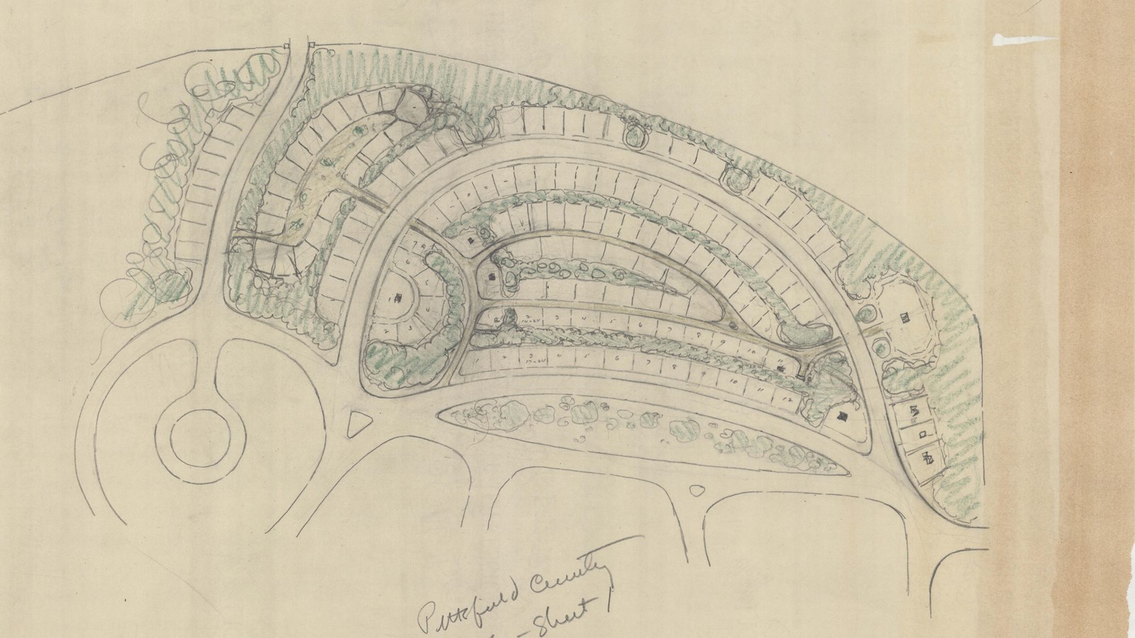 Pencil plan of lots for graves curving around paths with trees in between paths