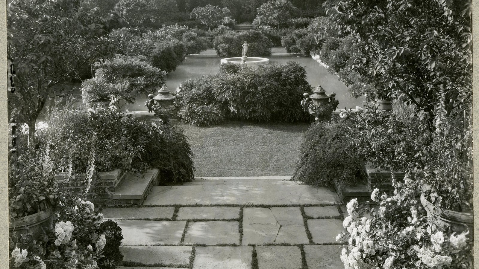 Black and white of garden with grass and shrubs around a fountain with statue in the middle