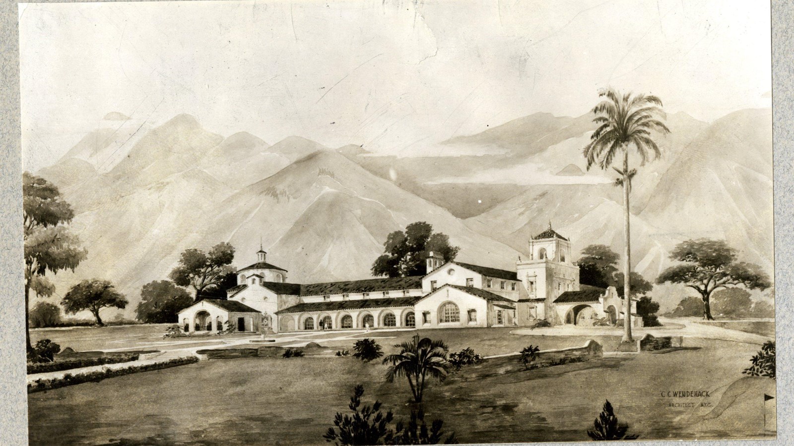 Pencil drawing of large white building with palm trees around and mountains in background.
