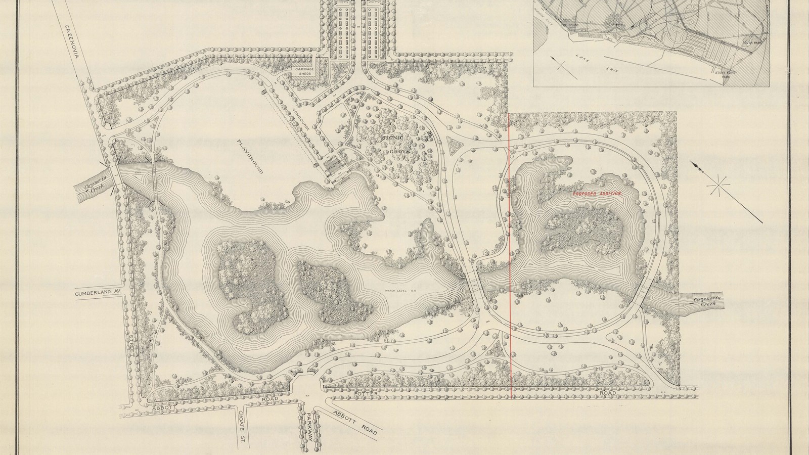 Plan of park with trees lining edges and curving paths, open areas, and water spread out