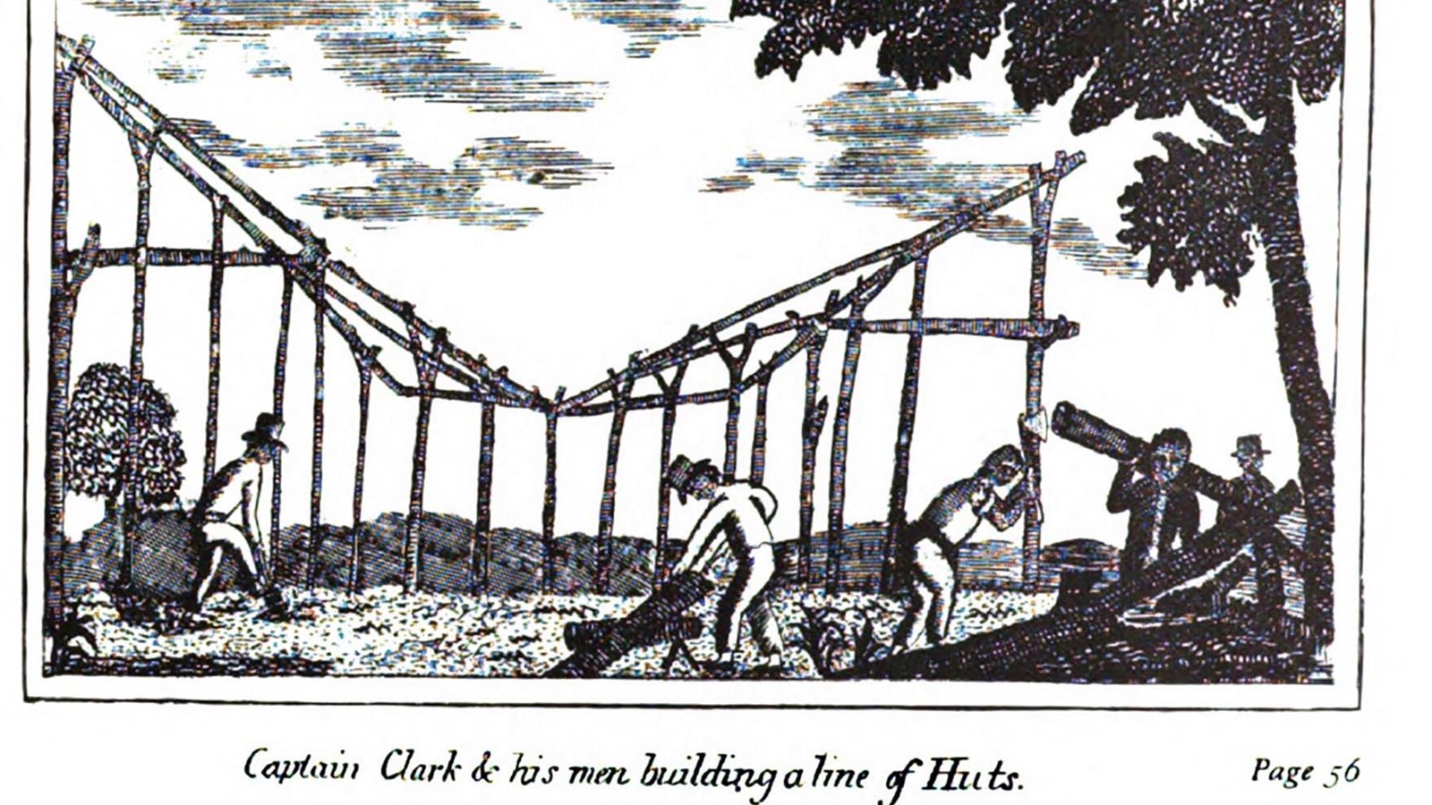 Drawing of men erecting wooden planks to build some sort of structure. 