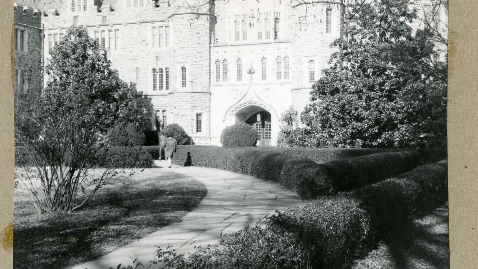 Black and white of curving stone path lined by shrubs leading to large building