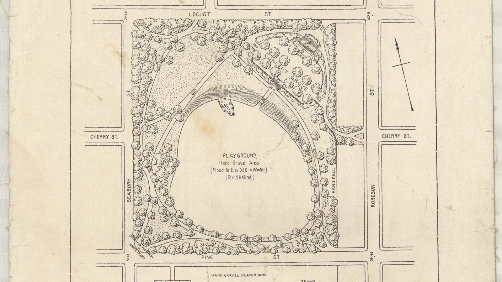 Plan of rectangular park with large open circular area with curving paths and lots of trees 