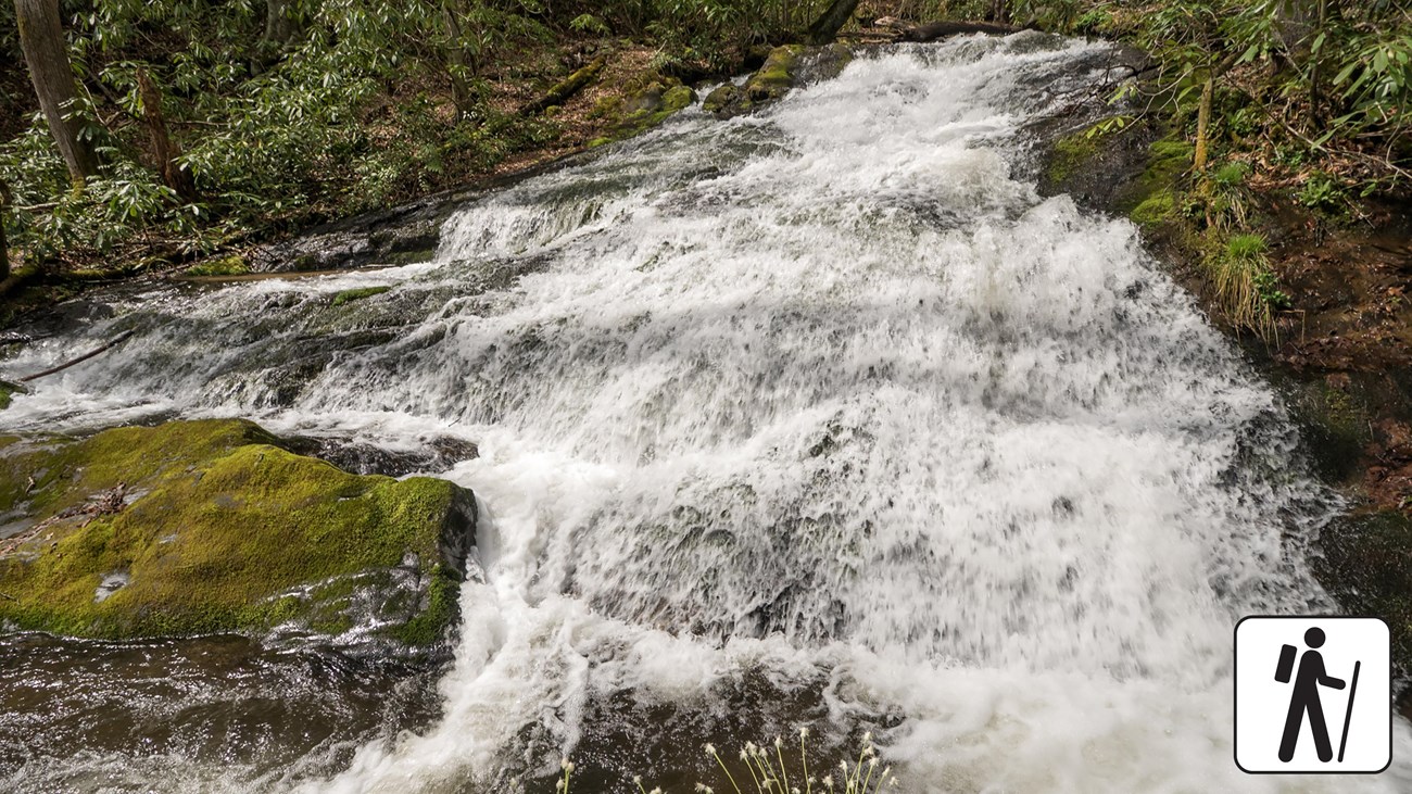 A cascading waterfall surrounded by greenery and rocks. A hiker icon in the corner.