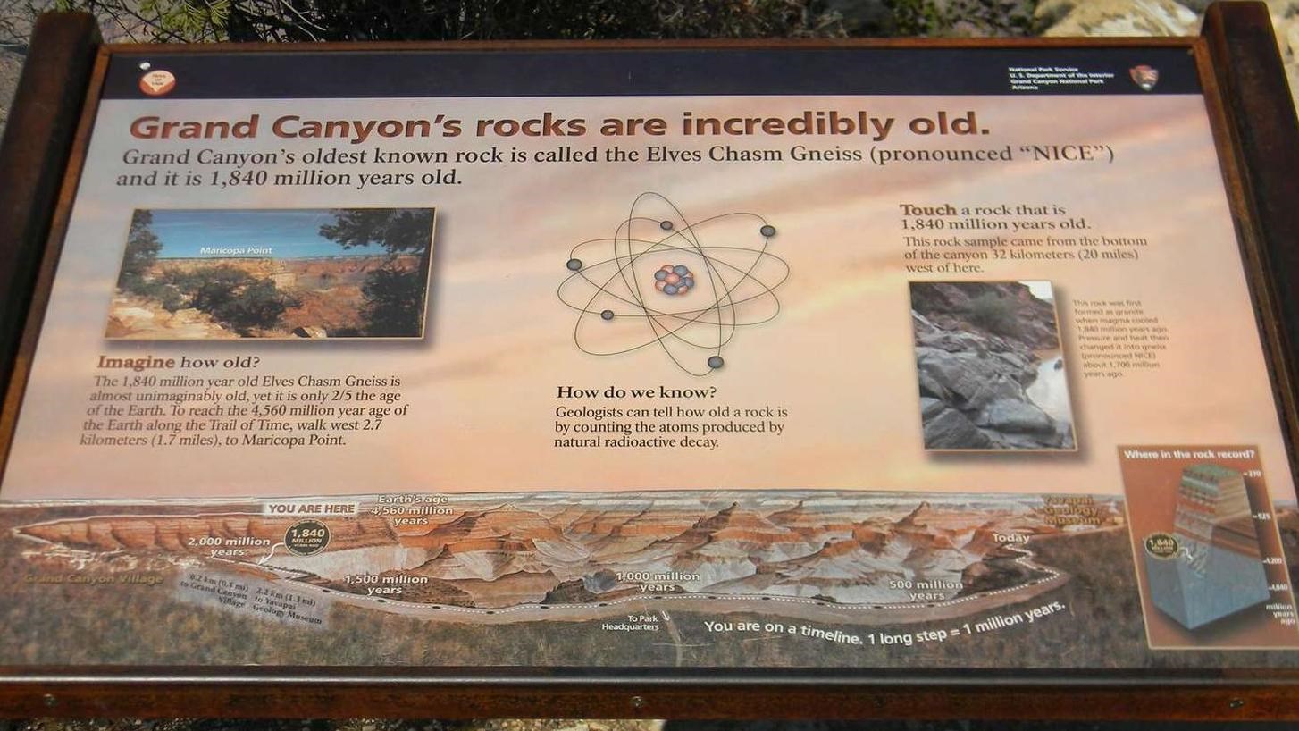 A wayside exhibit covered in text and diagrams discusses the ancient age of Grand Canyon\'s rocks.