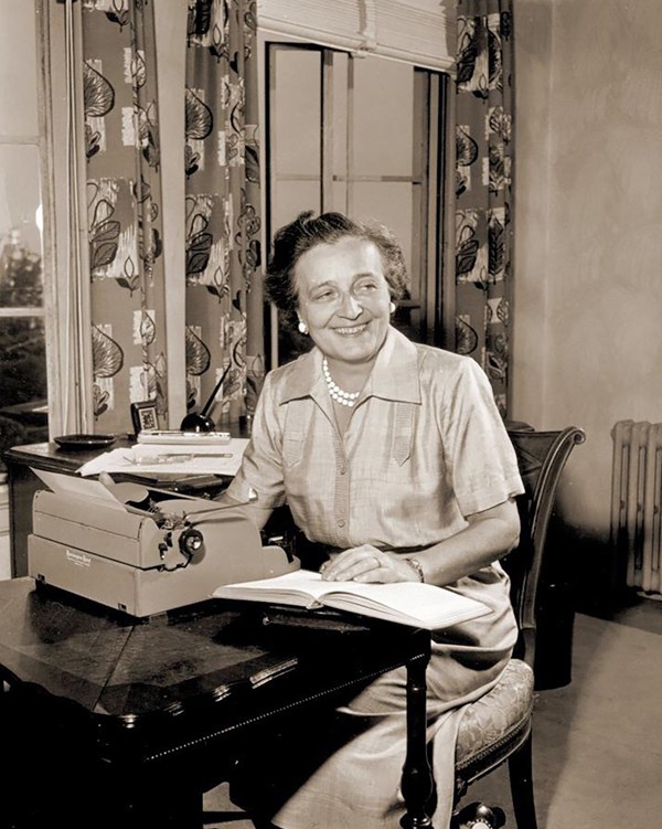Black and white photo of Woodman in her office