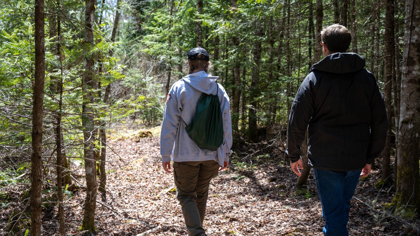 Two hikers hike through the woods by using the Seboeis Connector Trail.