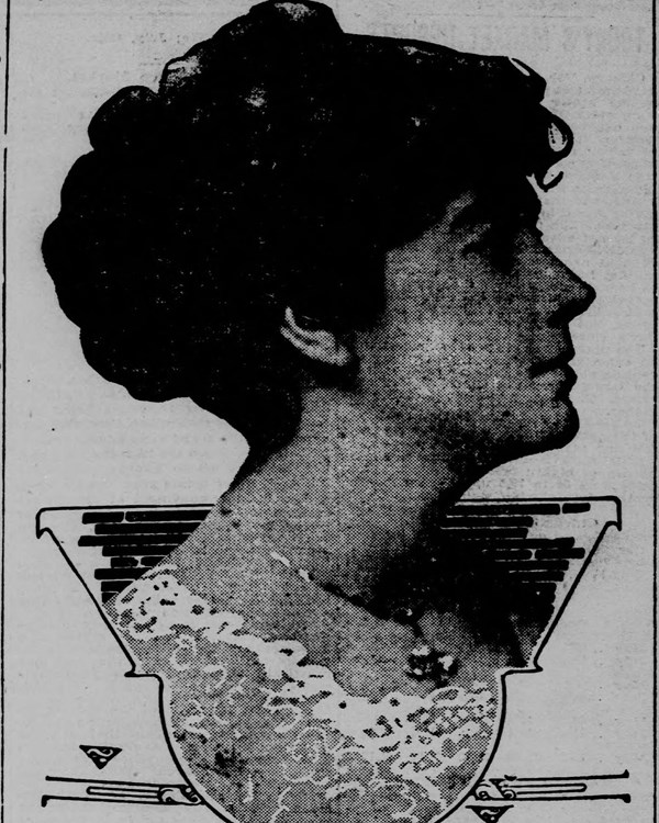 Newspaper image with photo of woman in profile