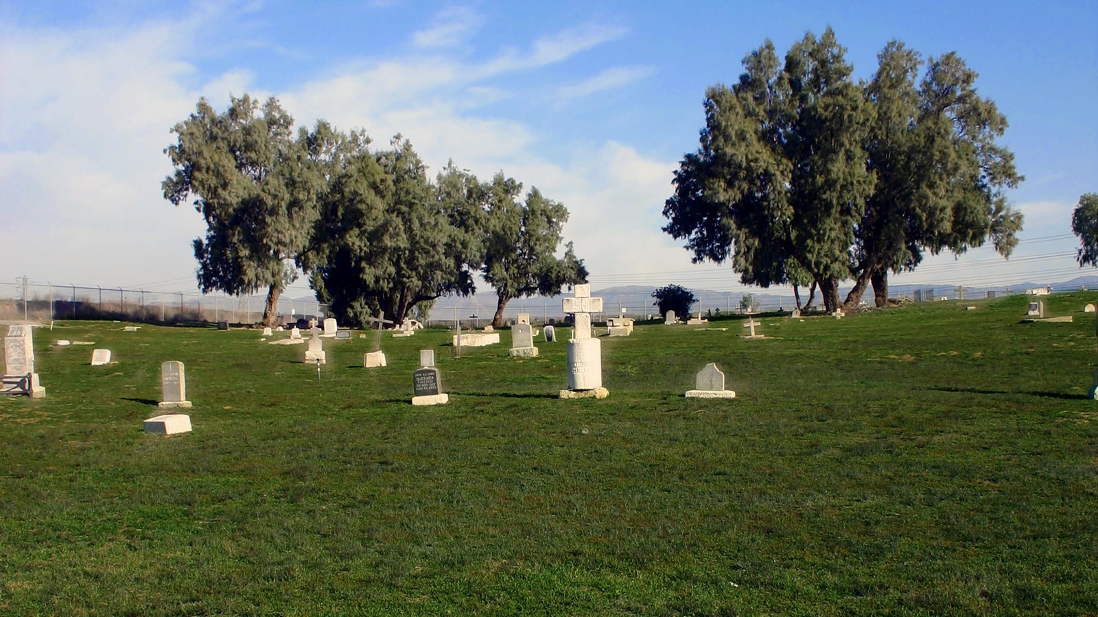 A green lawn is dotted with stone headstones under a blue sky with a few trees.