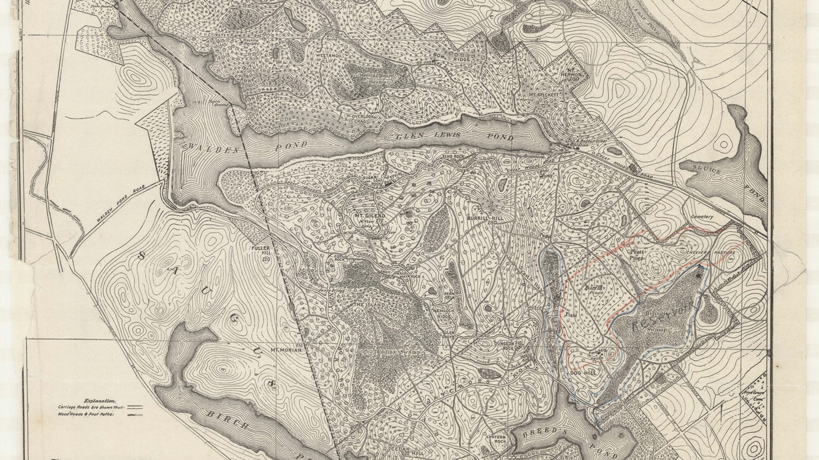 Map of wooded area with topographical lines and bodies of water