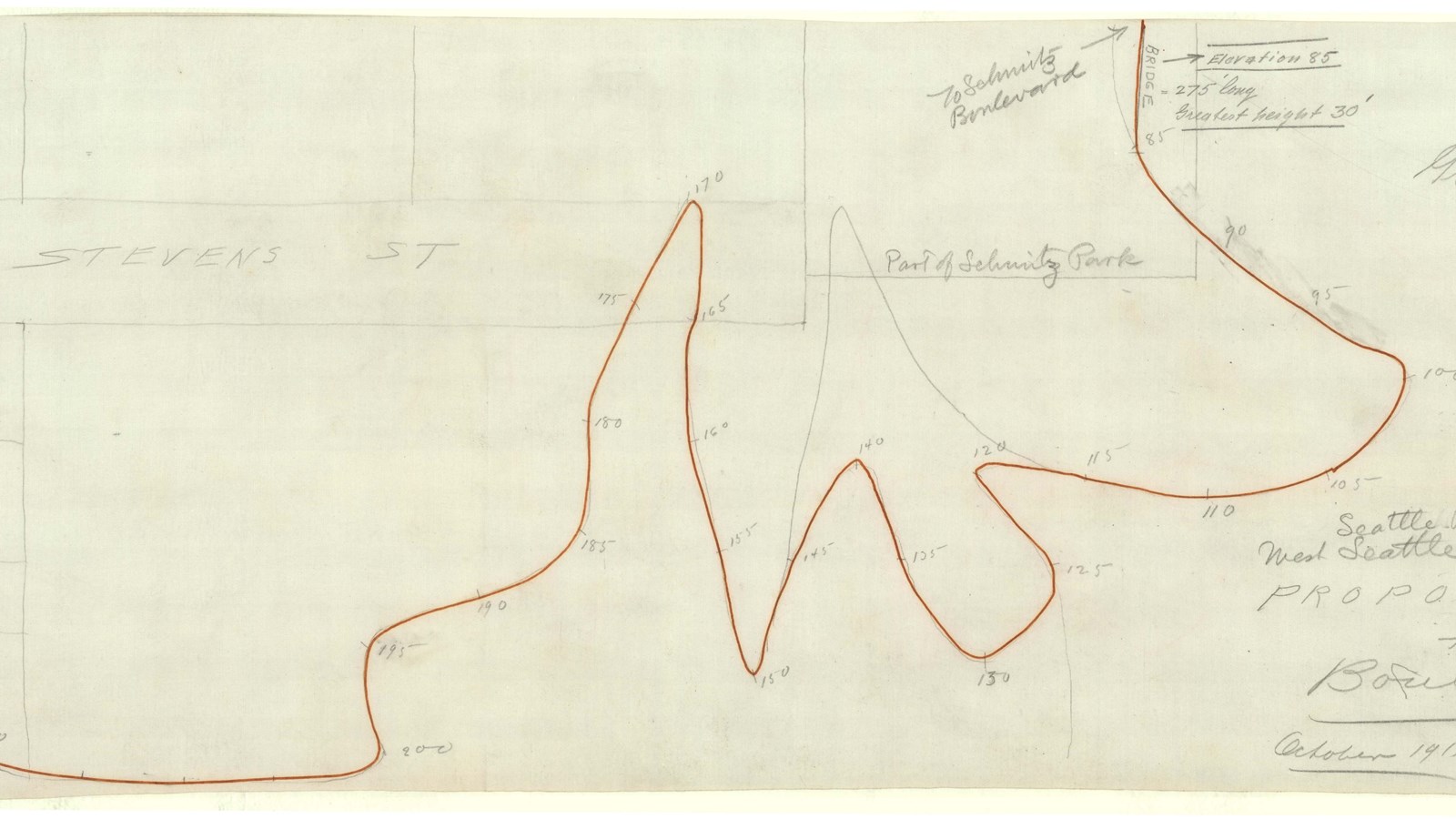 Pencil plan of red line that curves and juts around