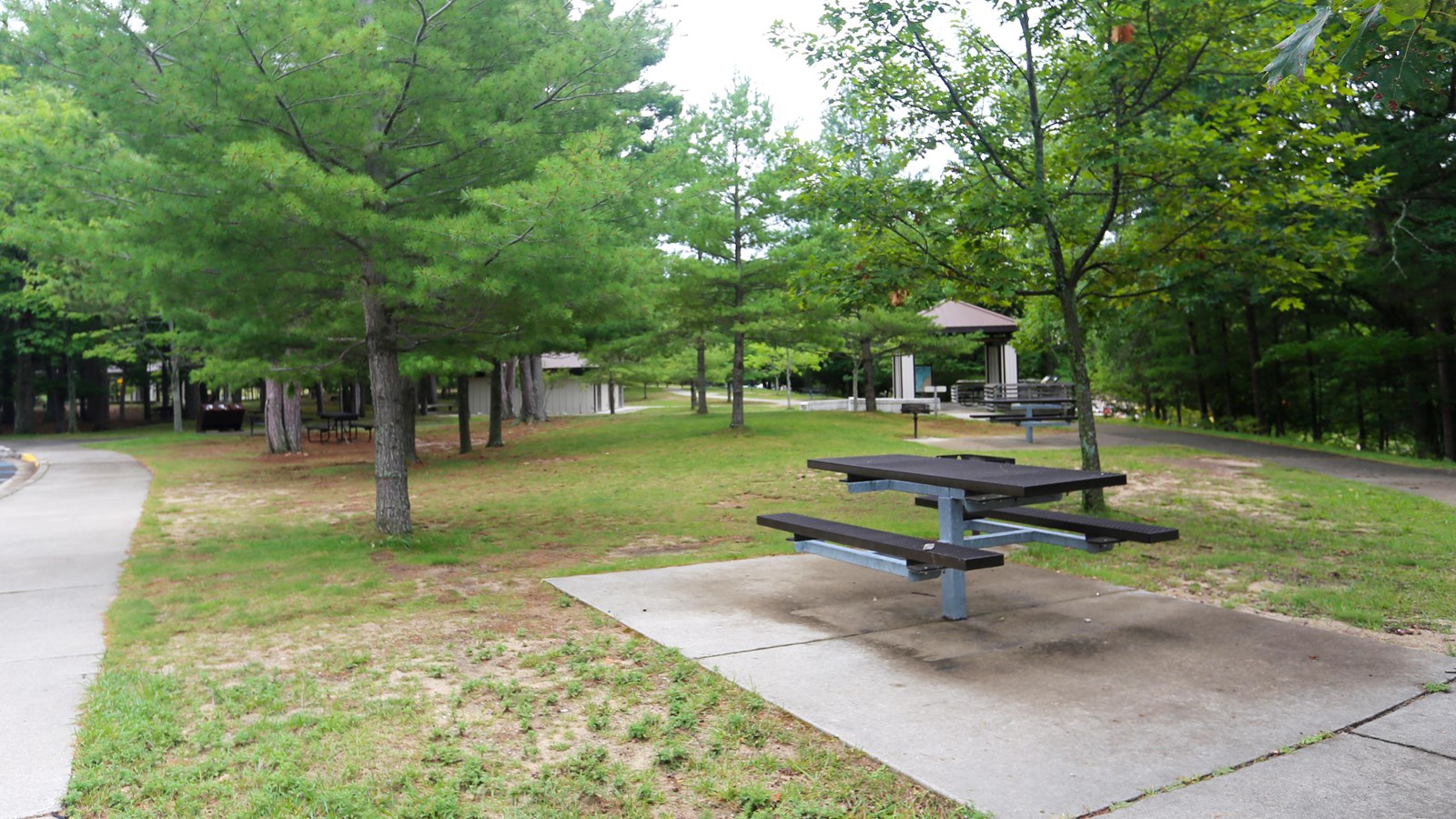 Metal picnic table on a concrete pad sits in grassy area surrounded by concrete sidewalk.