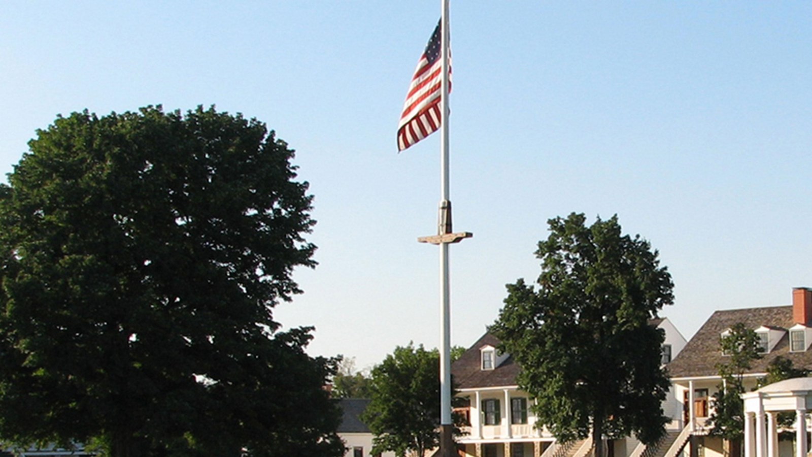flag on pole with trees and buildings