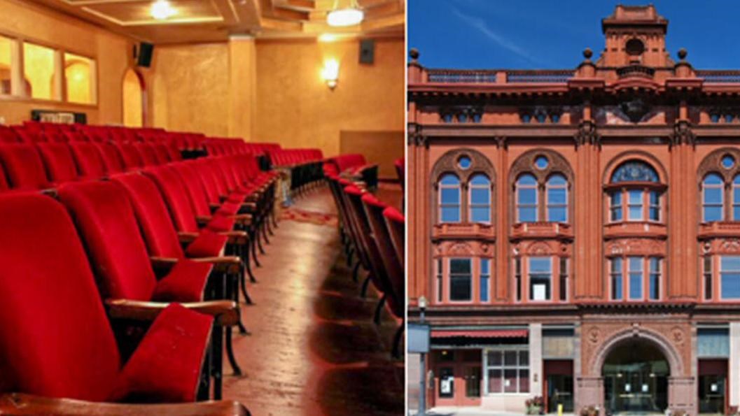 An exterior view of a brick building with archway entrance and an interior view of plush red seats