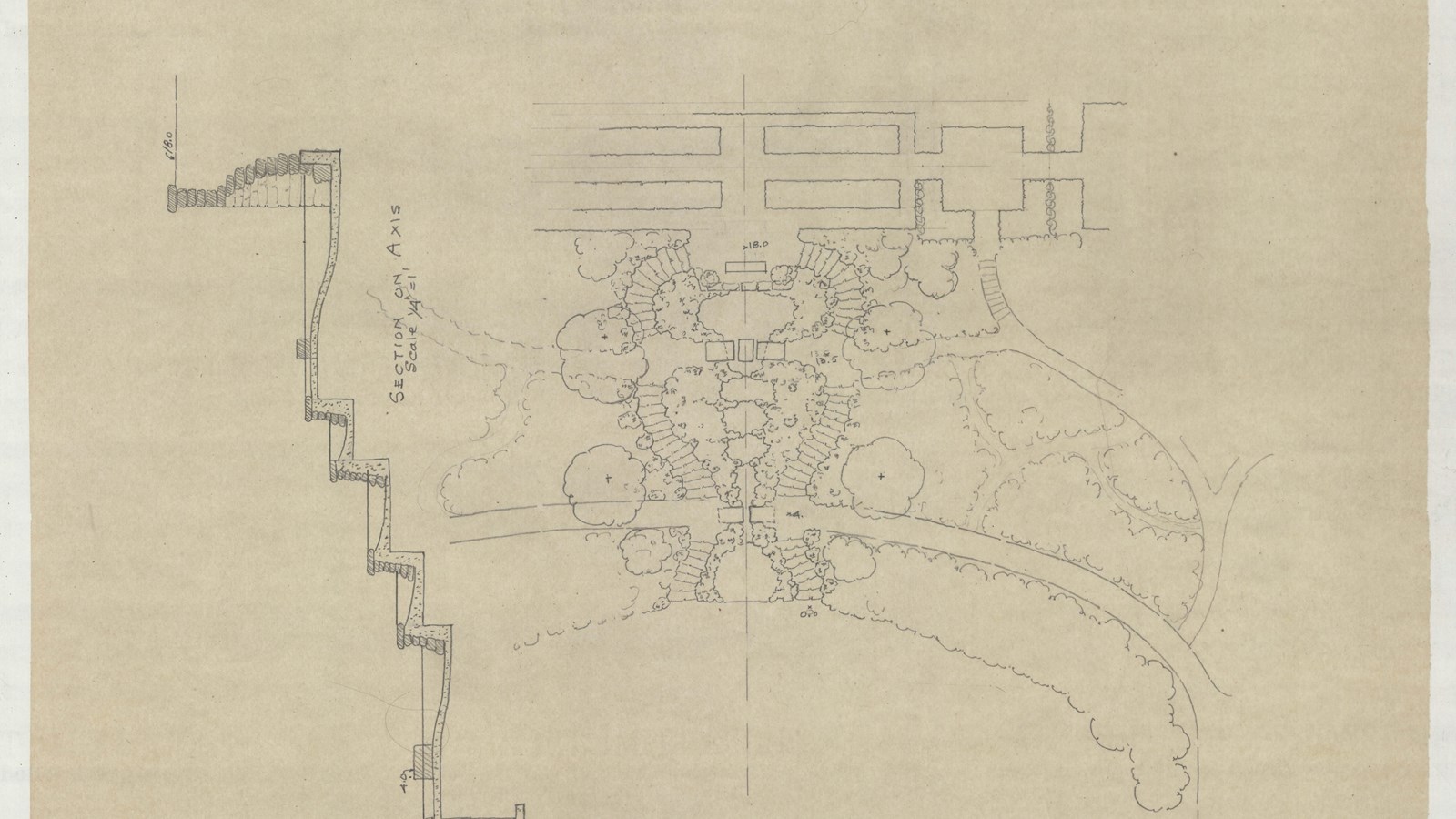 Pencil drawing of symmetrical stairs, grassy area and bushes leading to house