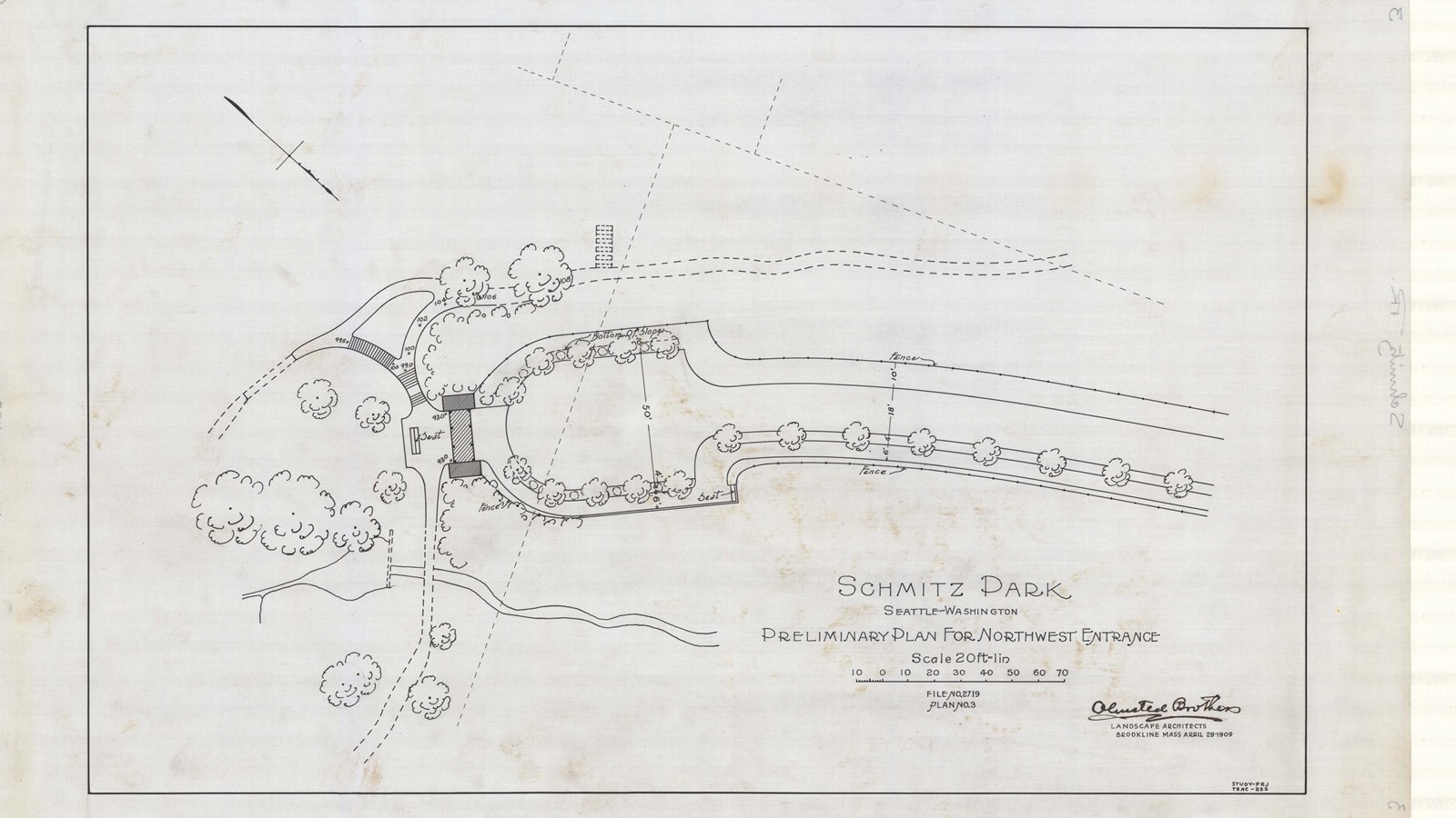 Plan of park with path lined with trees leading to open space and more paths with trees along it