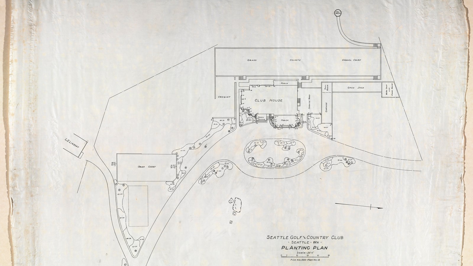 Plan of golf clubhouse with road leading to it lined with trees 