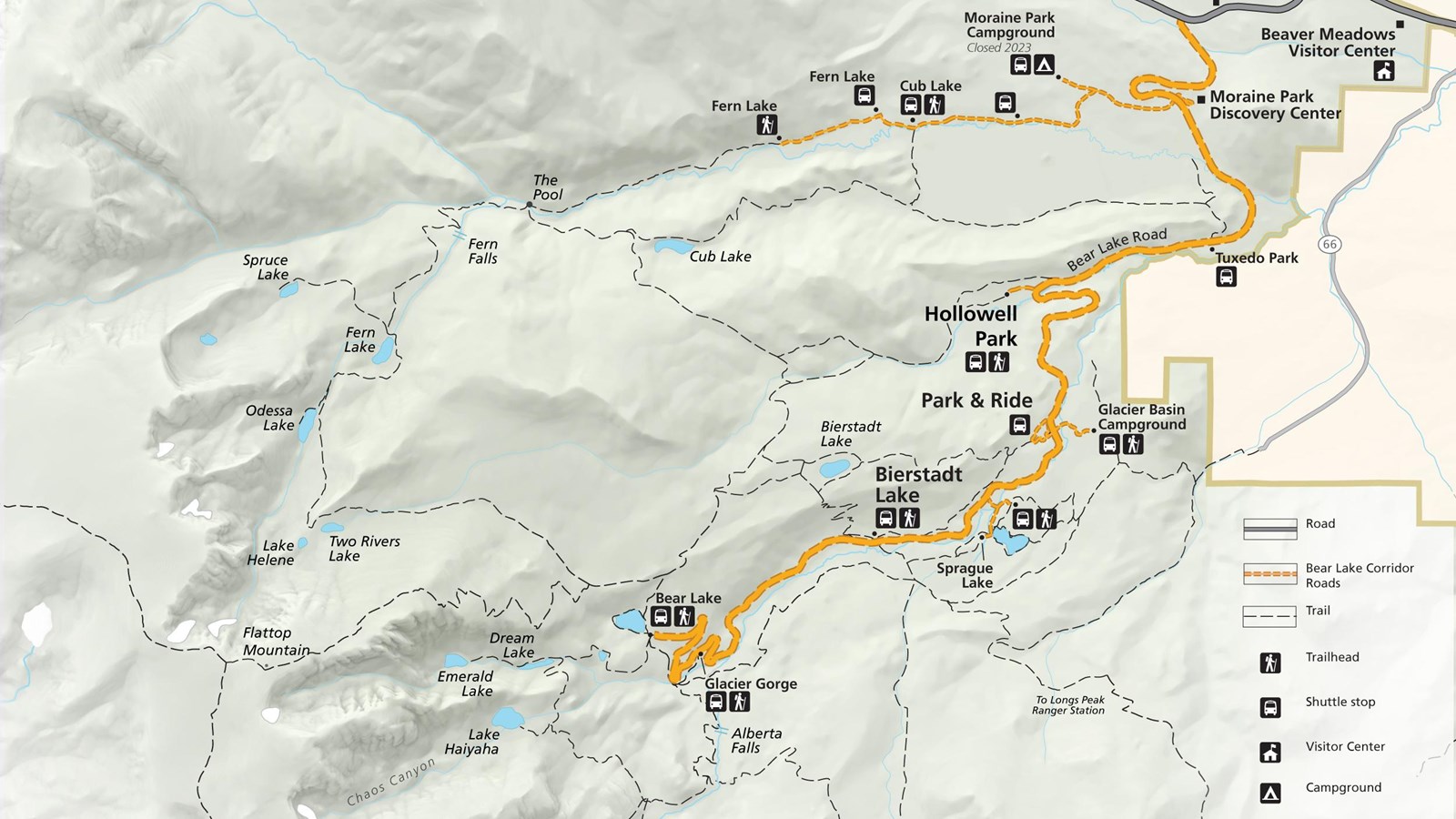 RMNP Map focused on the Bear Lake Road, showing locations like Moraine Park and Bear Lake