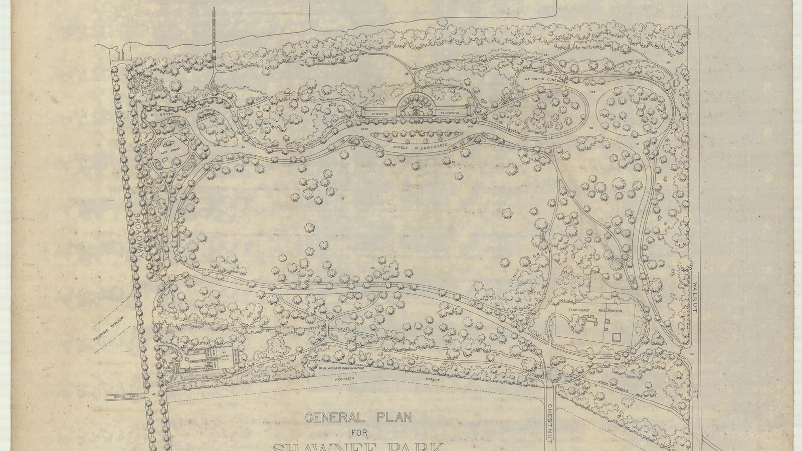 Plan of rectangular park with curving paths and a park filled with trees, but one open space