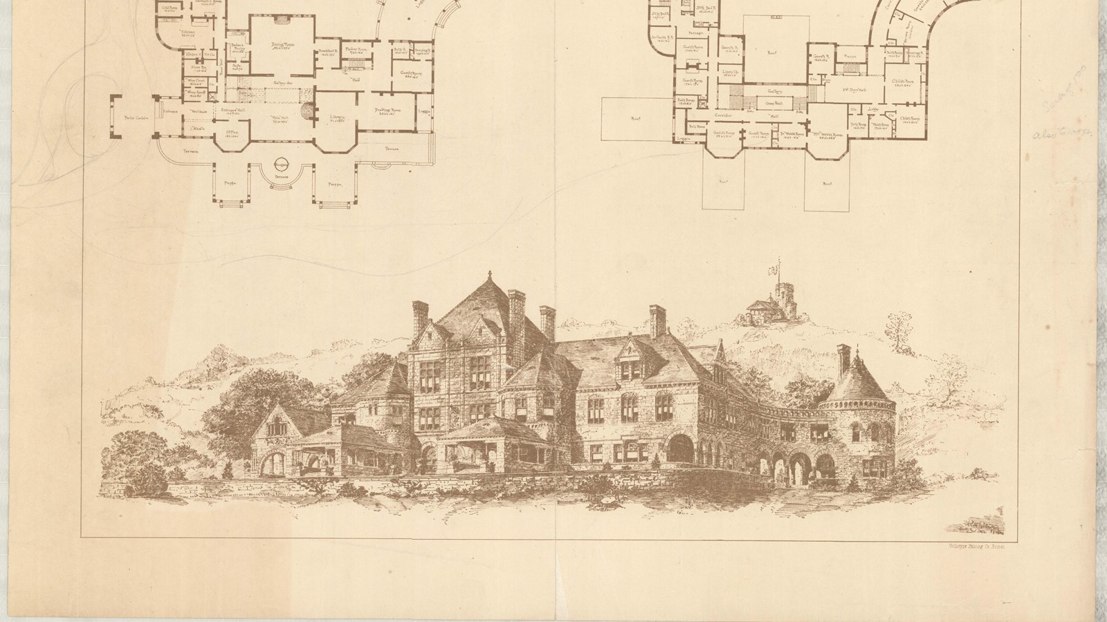Pencil drawing of large home with stone wall in front and trees in the back