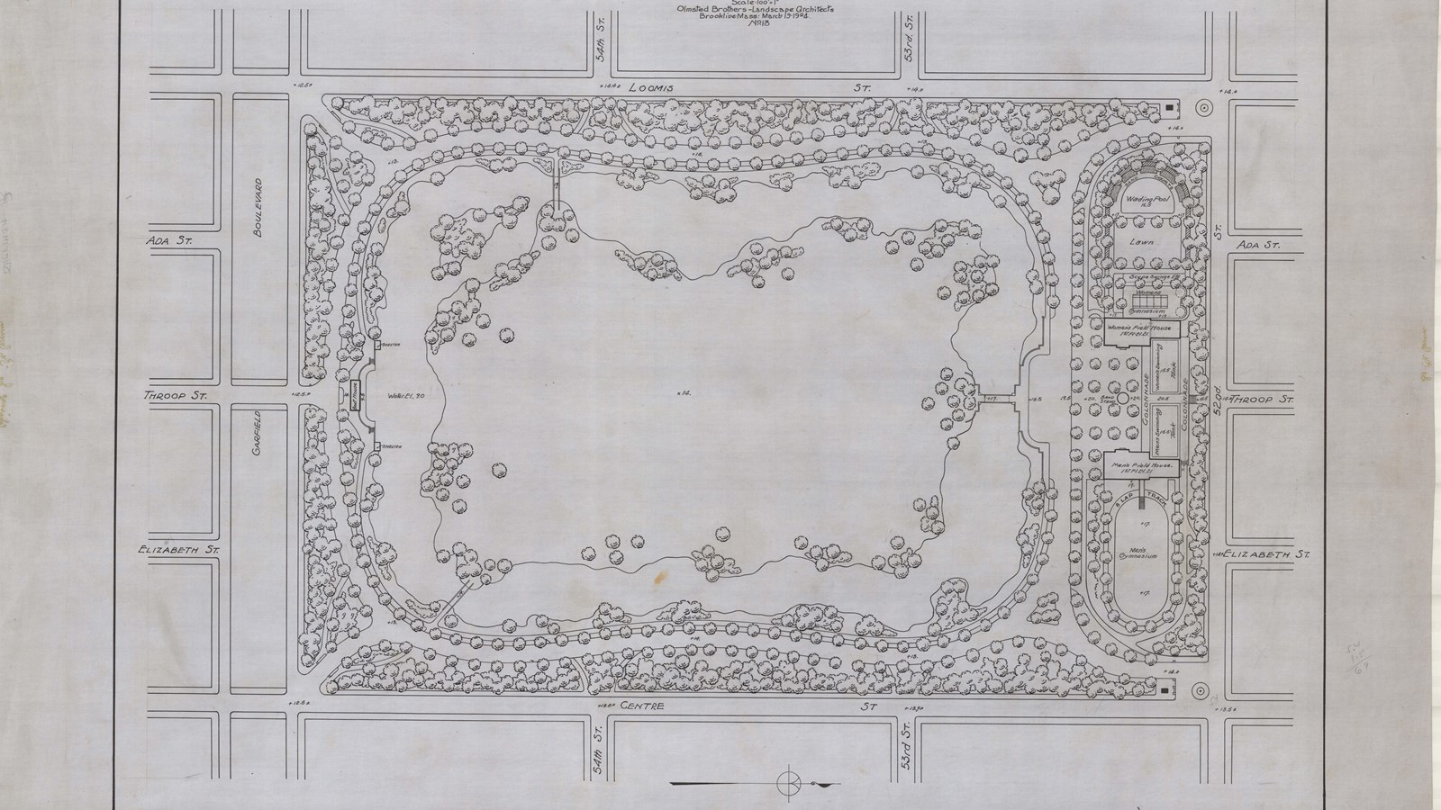 Plan of rectangular park with curving tree lined path around it and large open circle in middle