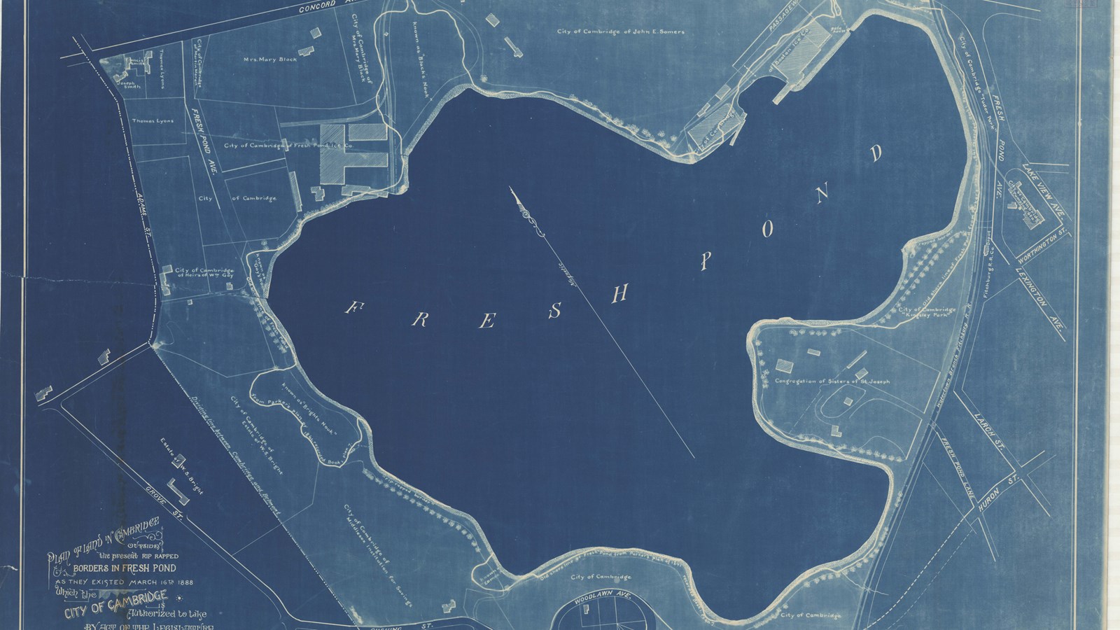 Blueprint of large body of water with some buildings and roads around