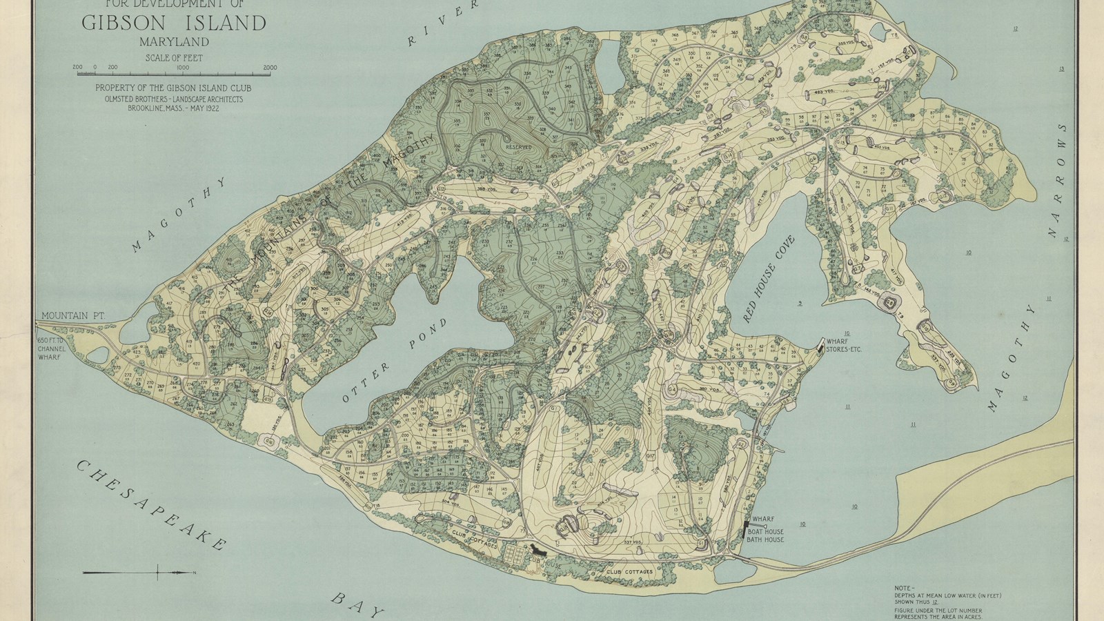 Plan of island with topographical lines, lots of green space, and lots for homes 