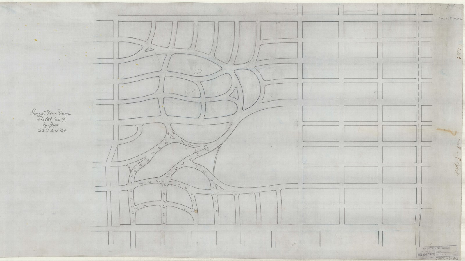 Pencil drawing of curving roads in between a grid of roads