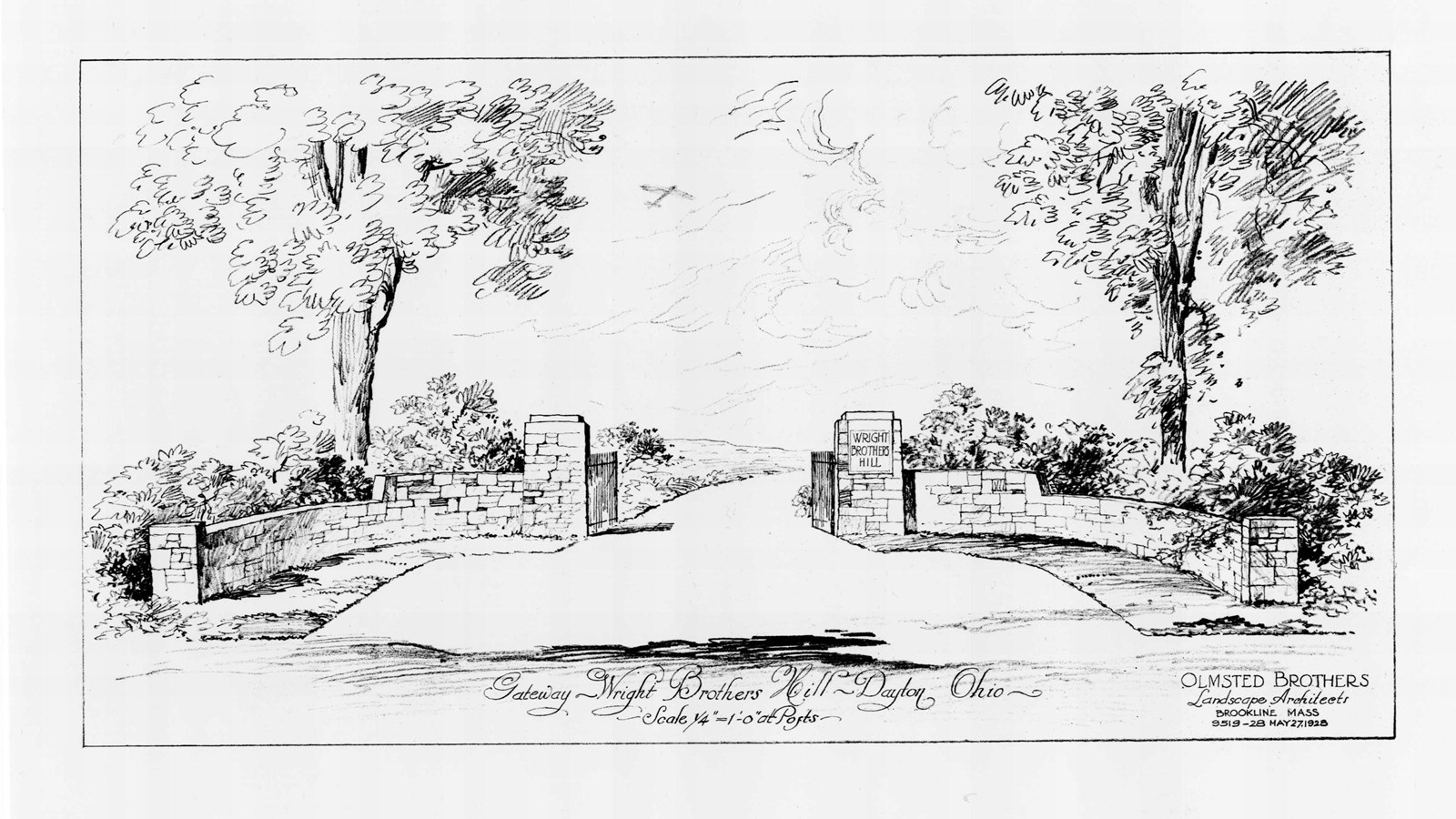 Drawing of stone gate with entrance for cars with trees and shrubs on side of gate