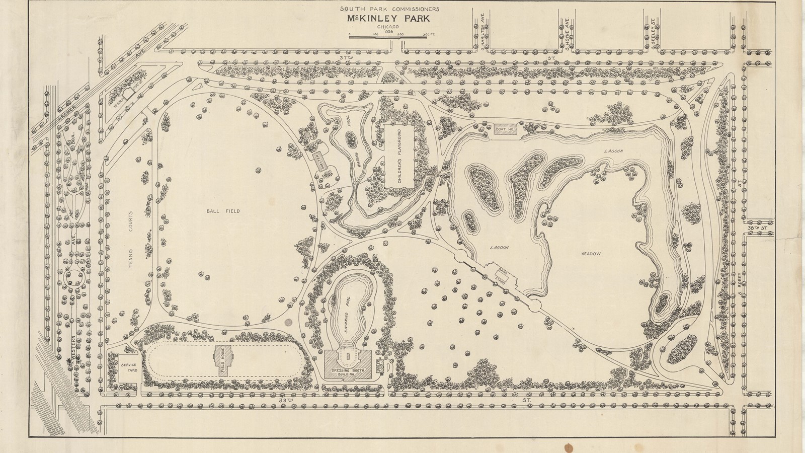 Plan of rectangular park with lagoon, ballfield, and curving paths lined with trees