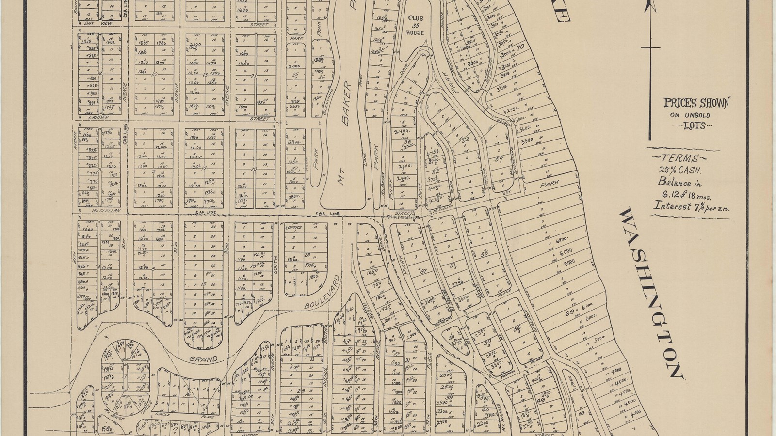 Map of community with rectangular lots for homes many straight lines and park area