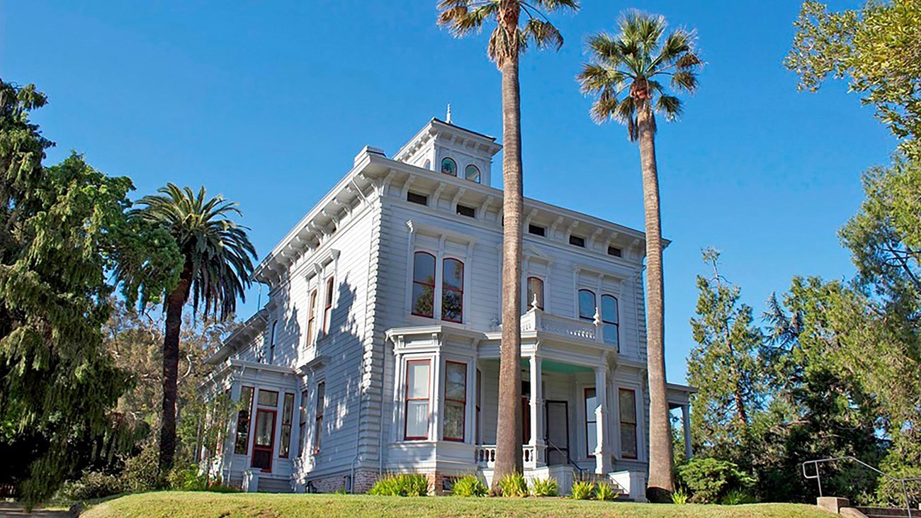 A two story Victorian home sits among trees and grass. Two palm trees are in the front. 