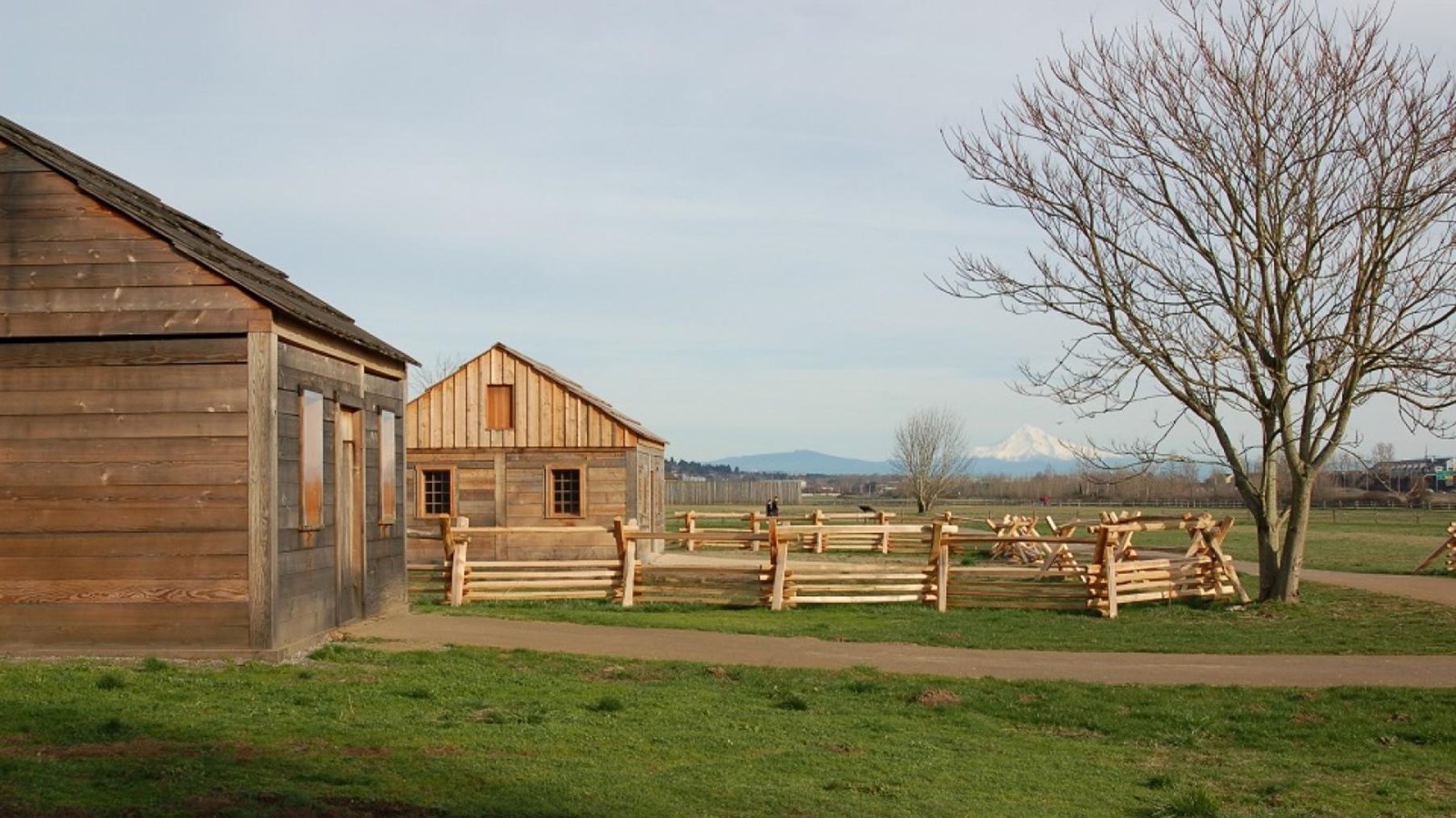 Two wood cabins sit in a grassy area.