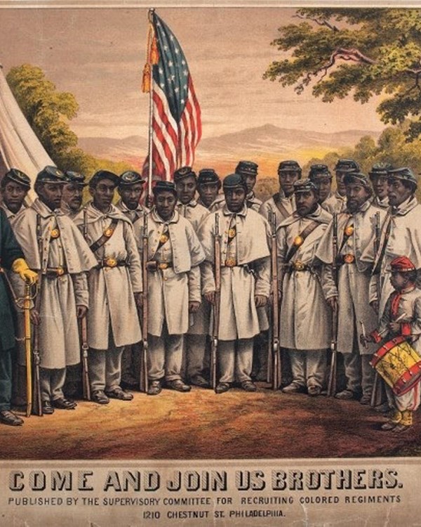 An illustration for recruitment of U.S. Colored Troops during the American Civil War.