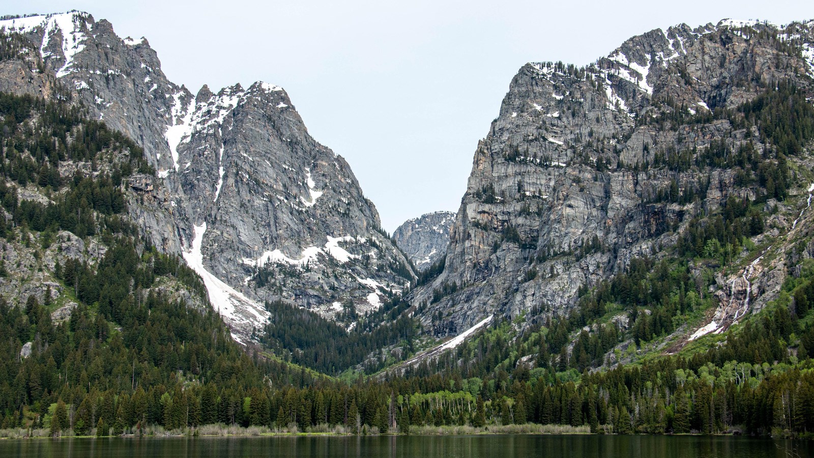 A large blue lake surrounded by pine forest looking into a large mountain canyon.