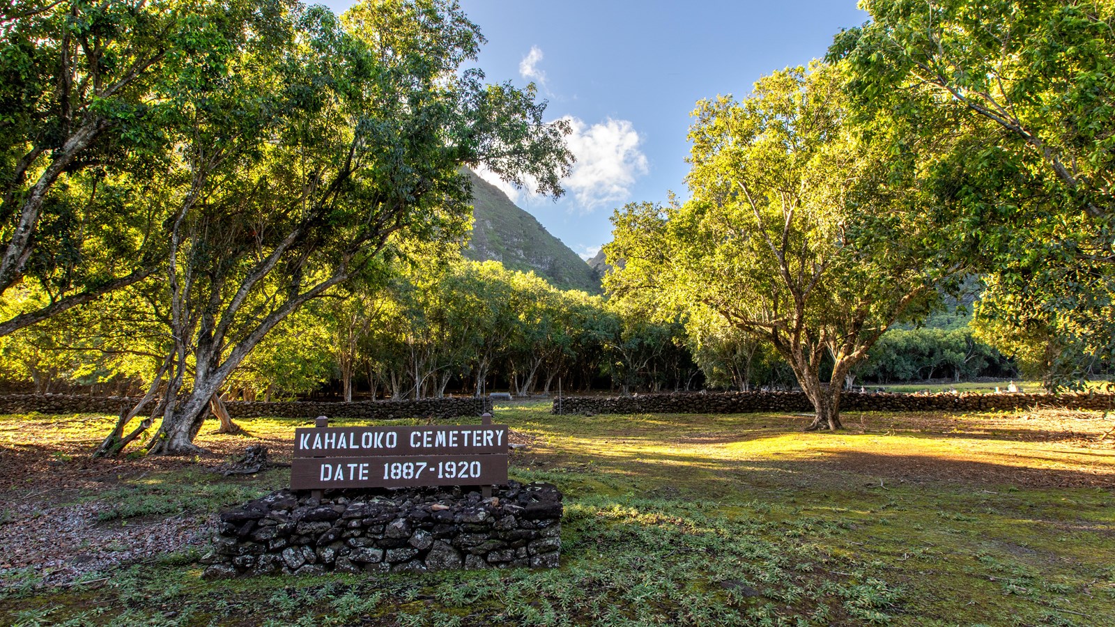 A wooden sign reads Kahaloko Cemetery, Date 1887-1920