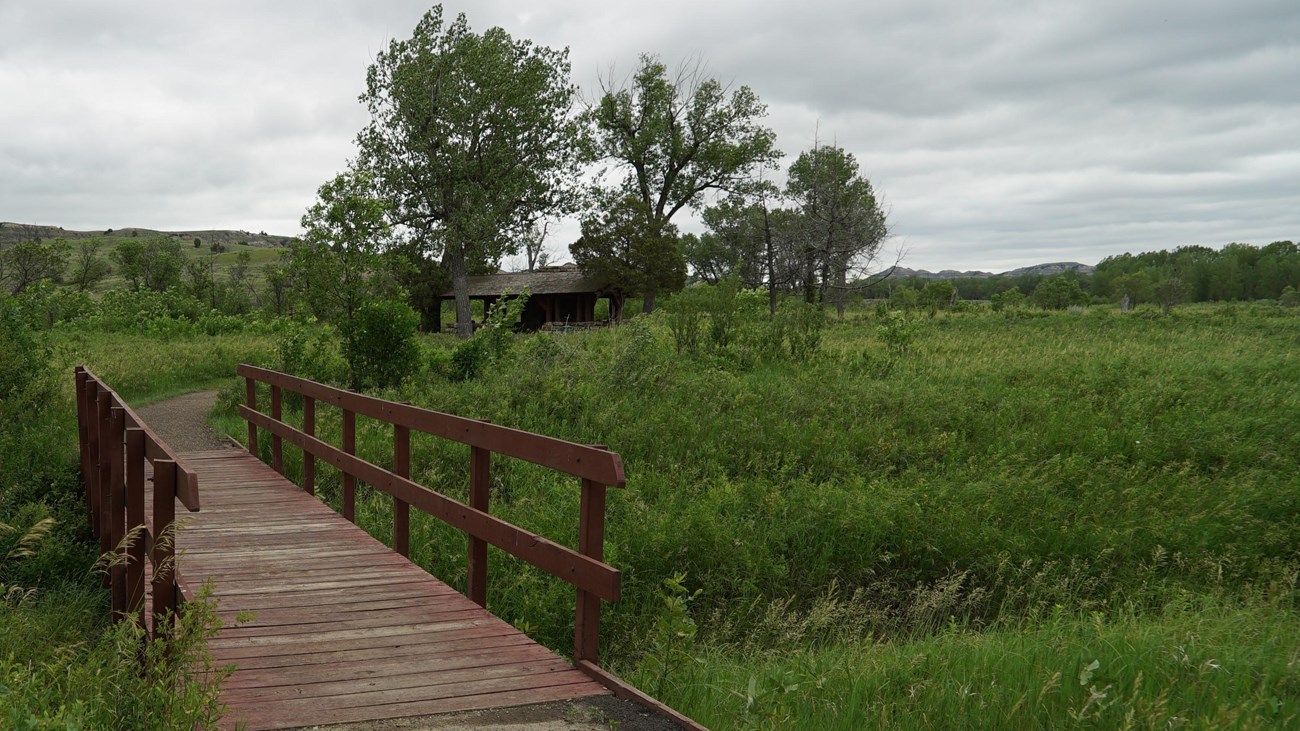 A paved trail leads to a bridge over a creek. A picnic shelter is seen behind some trees.