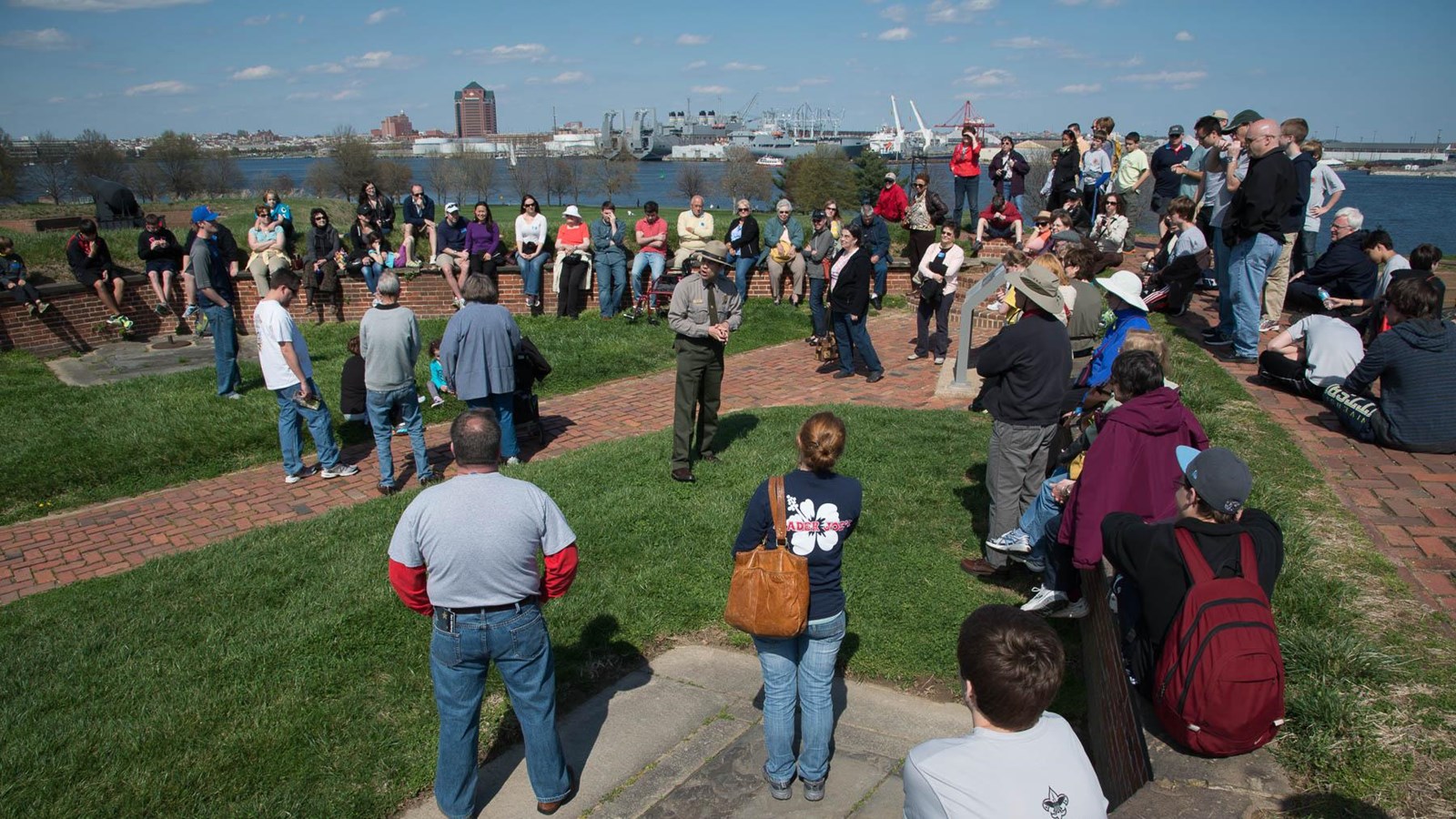 A view of bastion 5 with a crowd watching a ranger program.