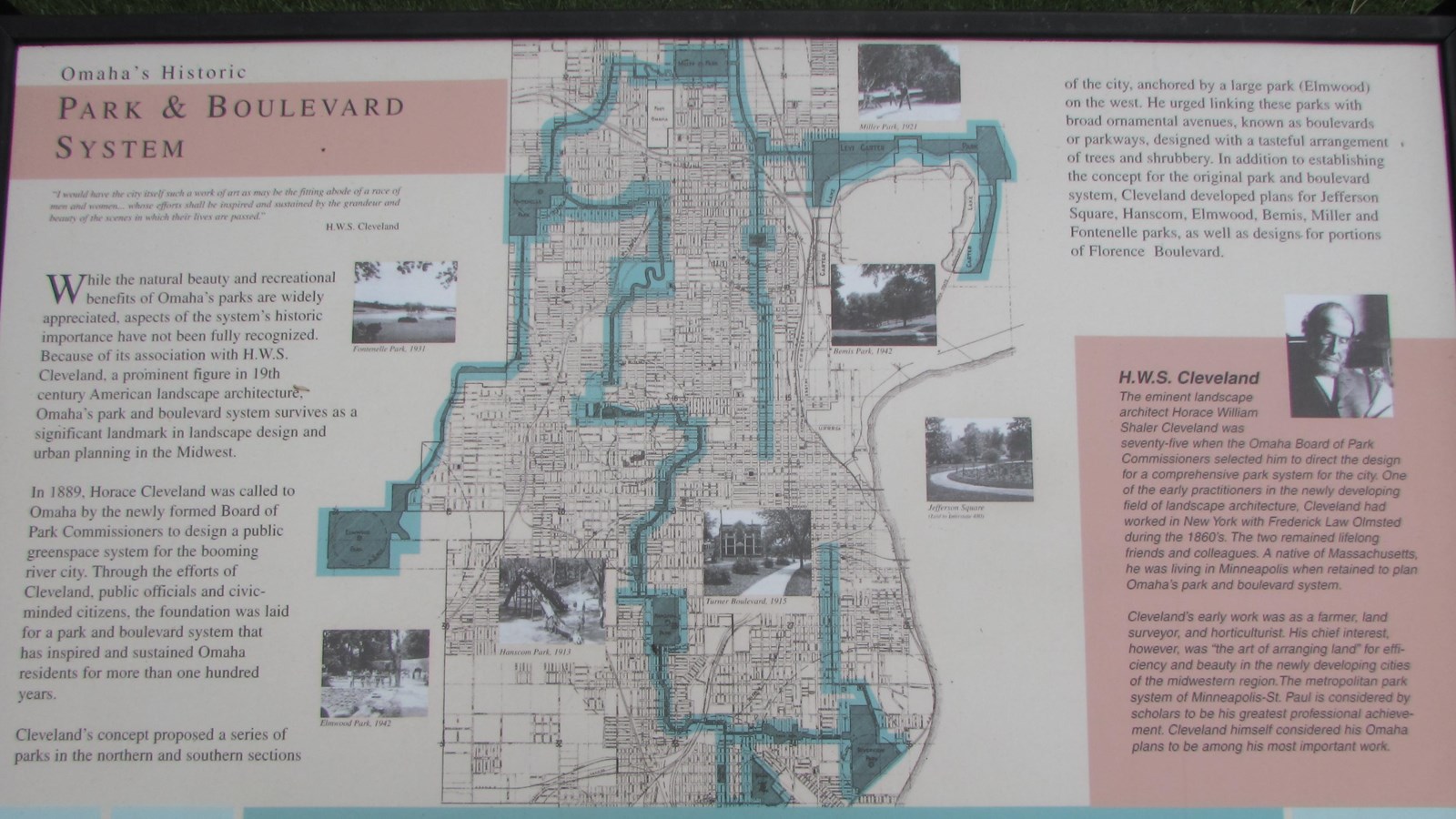 Wayside exhibit showing map of Omaha with Park & Boulevard System highlighted.