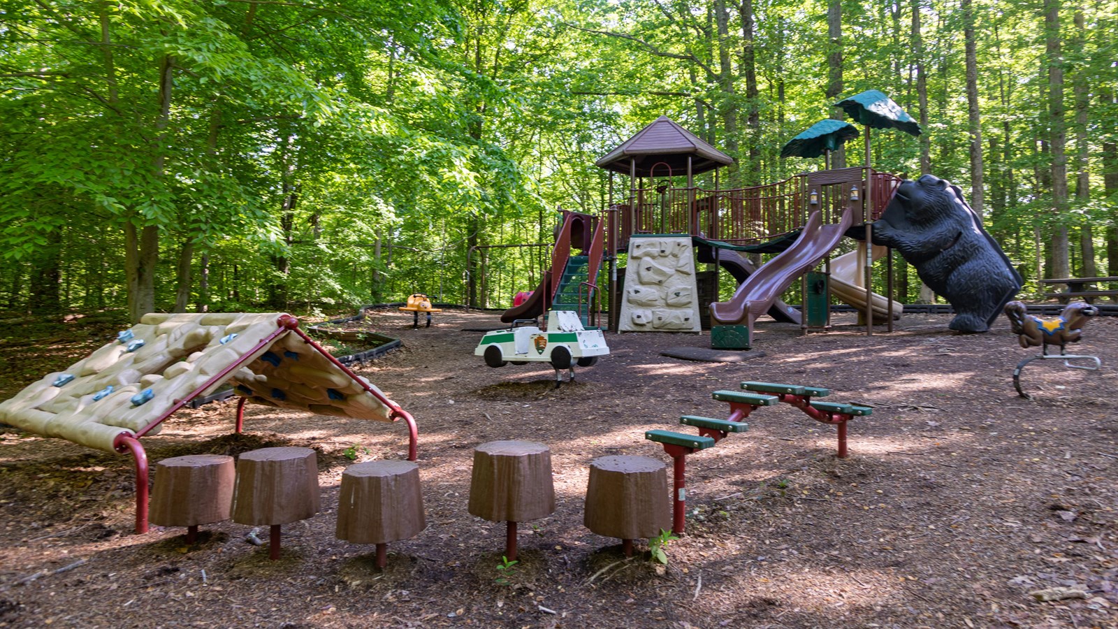 A playground with slides, ladders, monkey bars, and seesaws sits among trees.