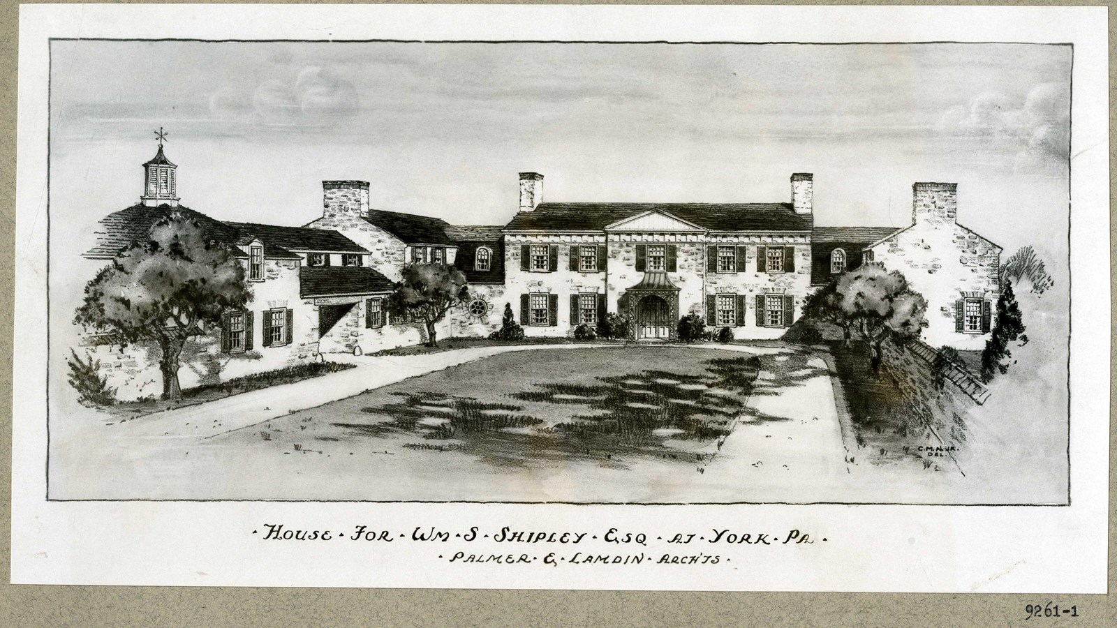 Pencil drawing of large symmetrical estate with grass area in front, trees on edge, and driveway