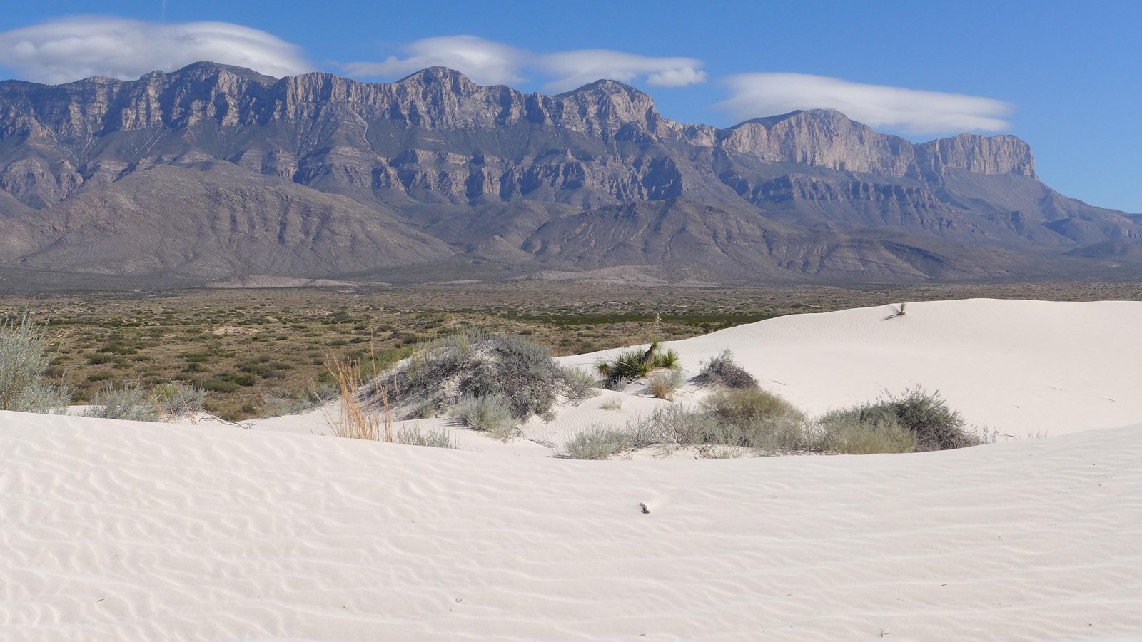 White gypsum sand dunes with large mountains in the background