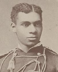 blakc and white photo of African American man in military dress uniform of the 1870s