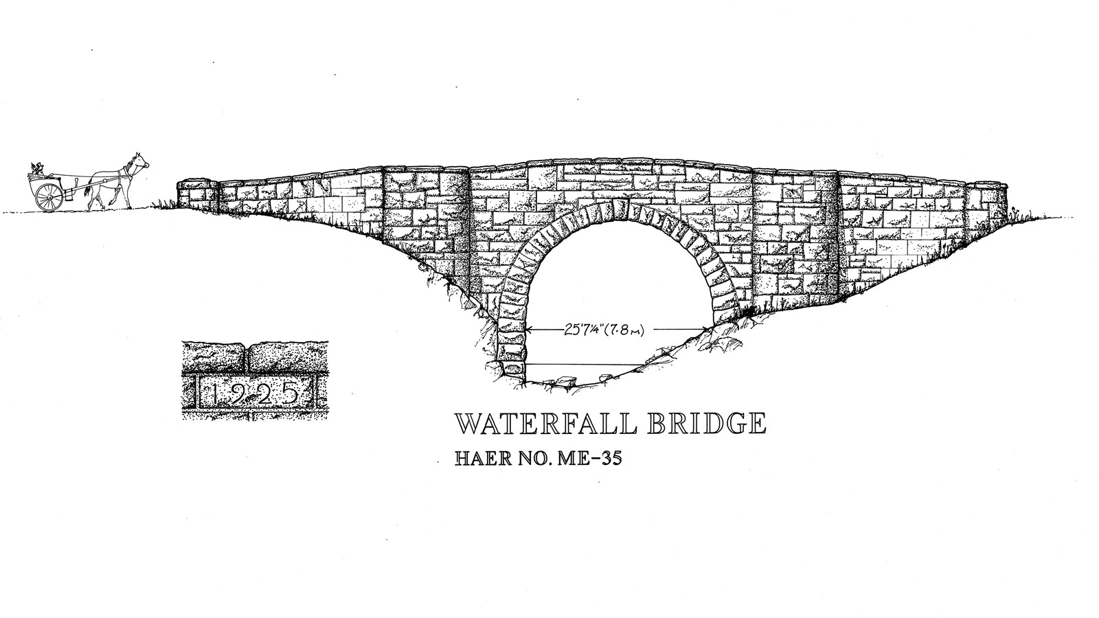 Line drawing of a masonry bridge along Acadia\'s historic carriage road system