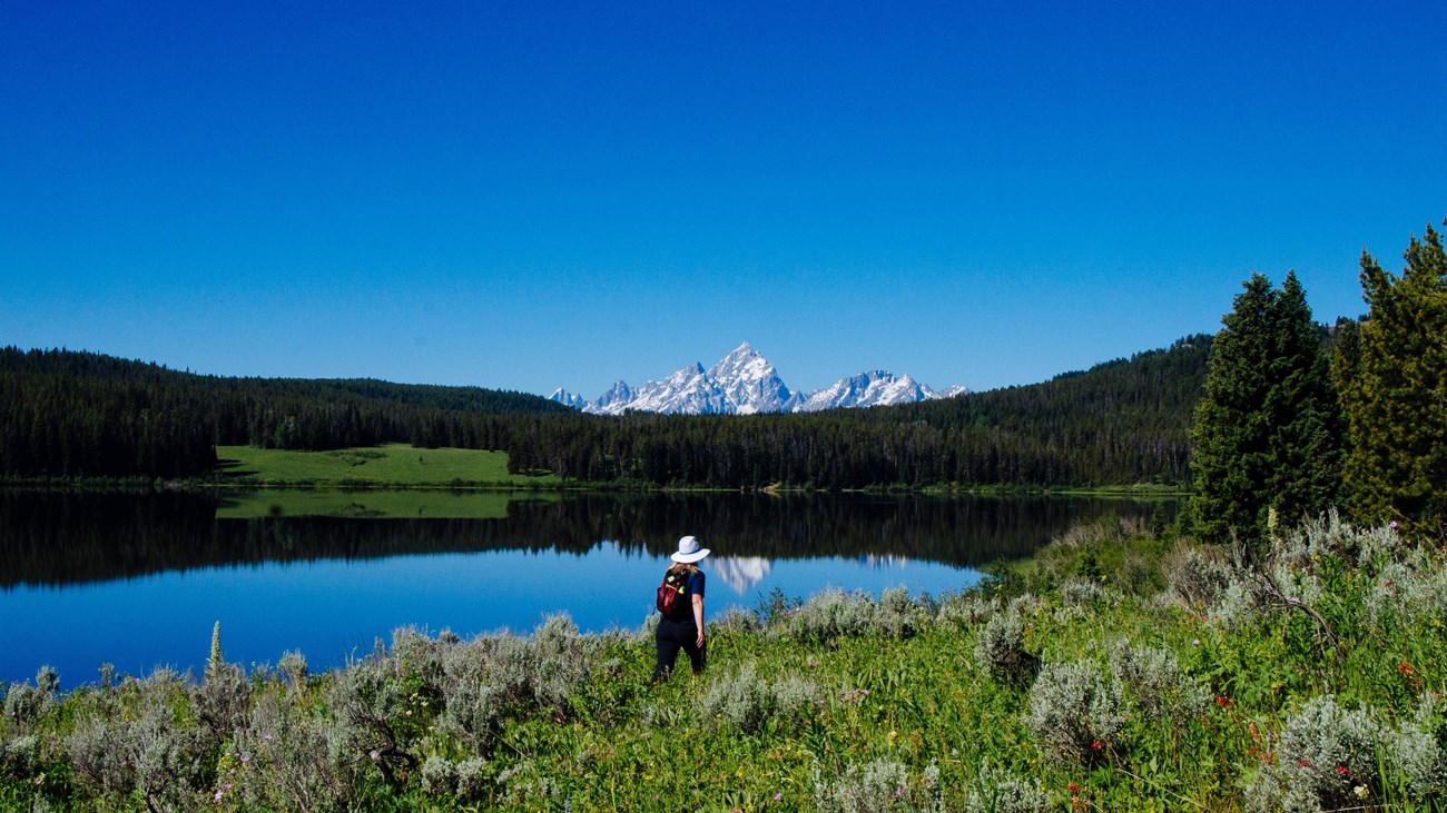 A hiker walks along the lakeshore with mountains in the background.