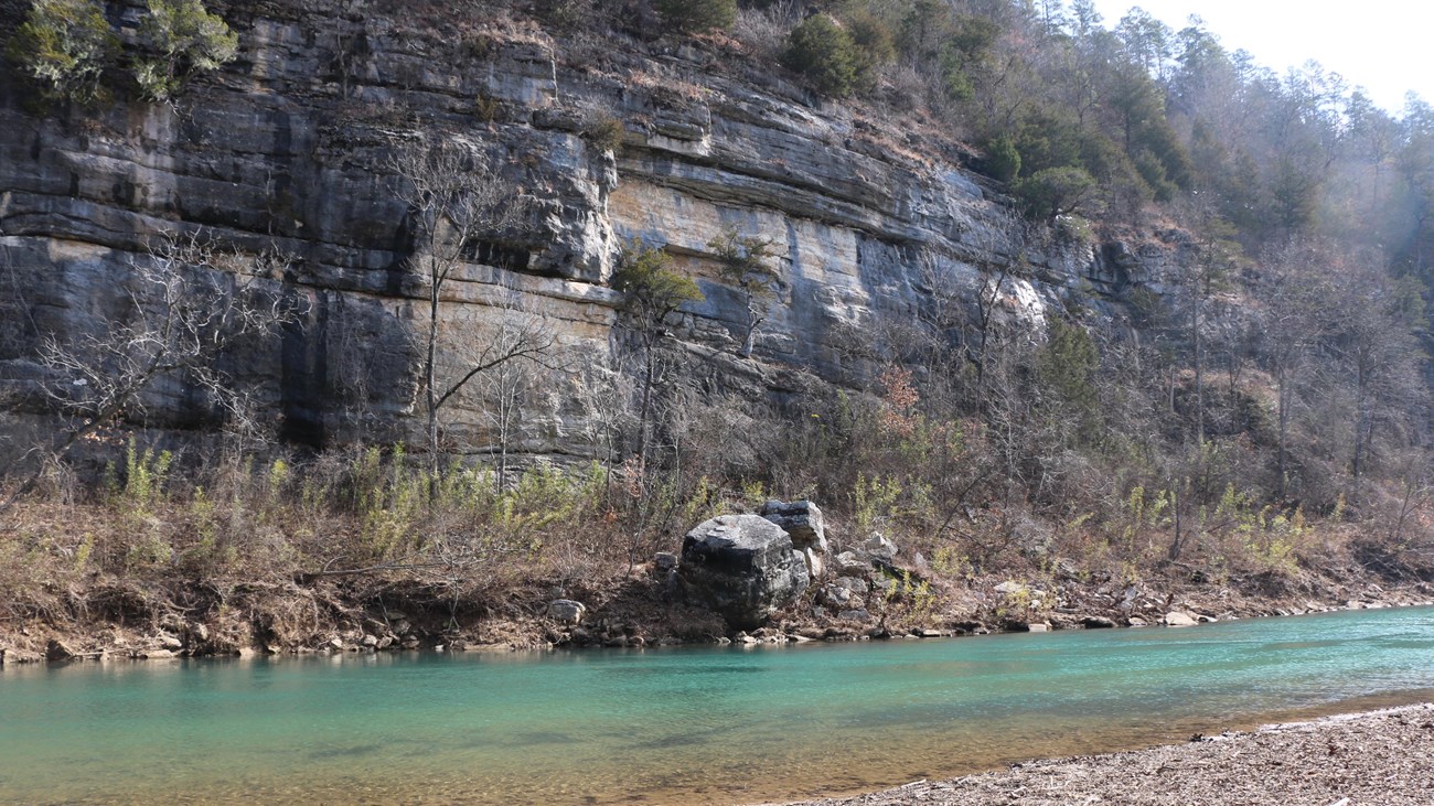 Teal-colored water in the Buffalo River at Hasty Access.