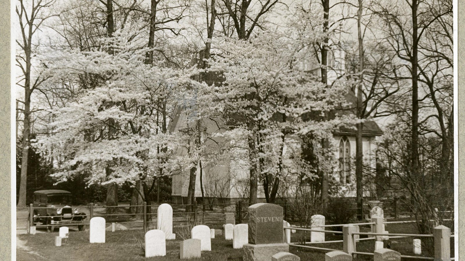 Black and white of gravestones on grassy area with trees on edge and building behind trees