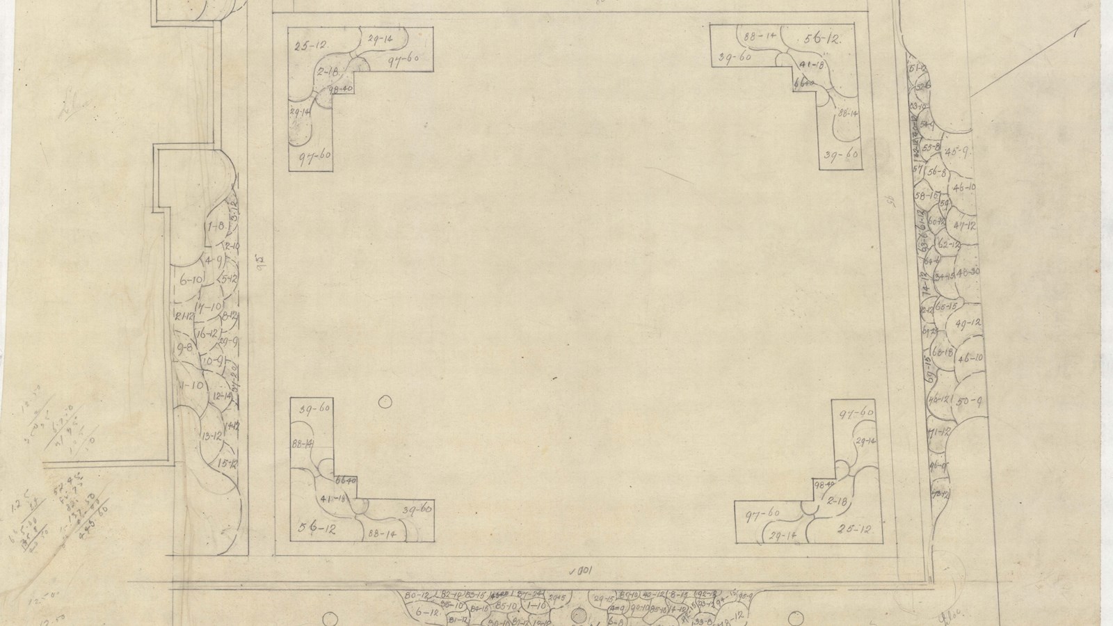 Pencil plan of rectangular space lined by roads with circles showing planting plan, open in middle