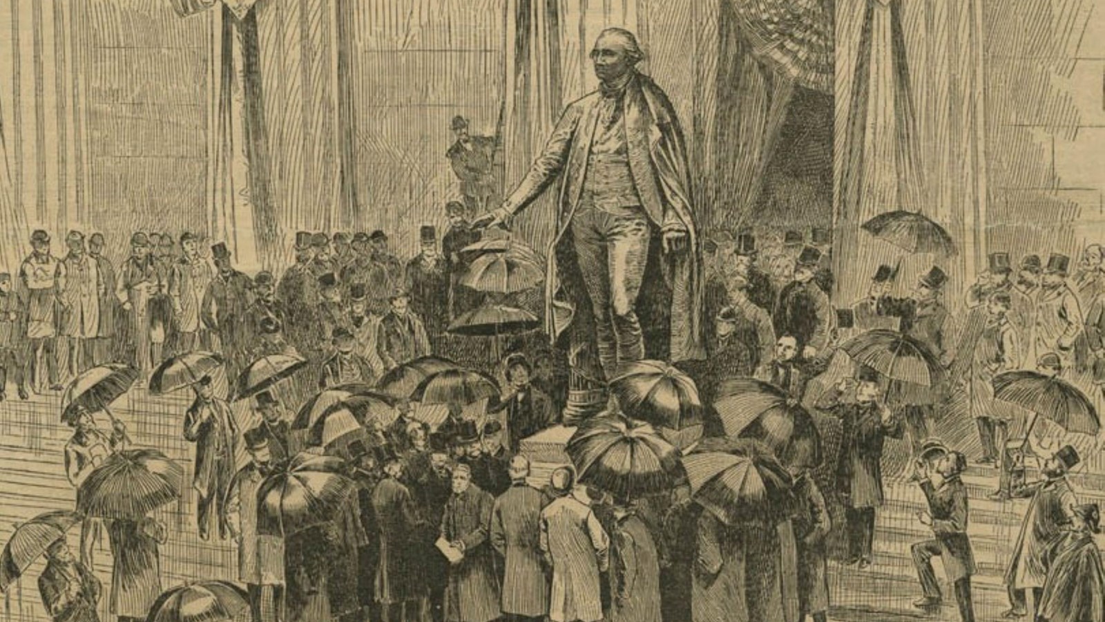 Woodcut illustration of the unveiling of the Statue of George Washington 